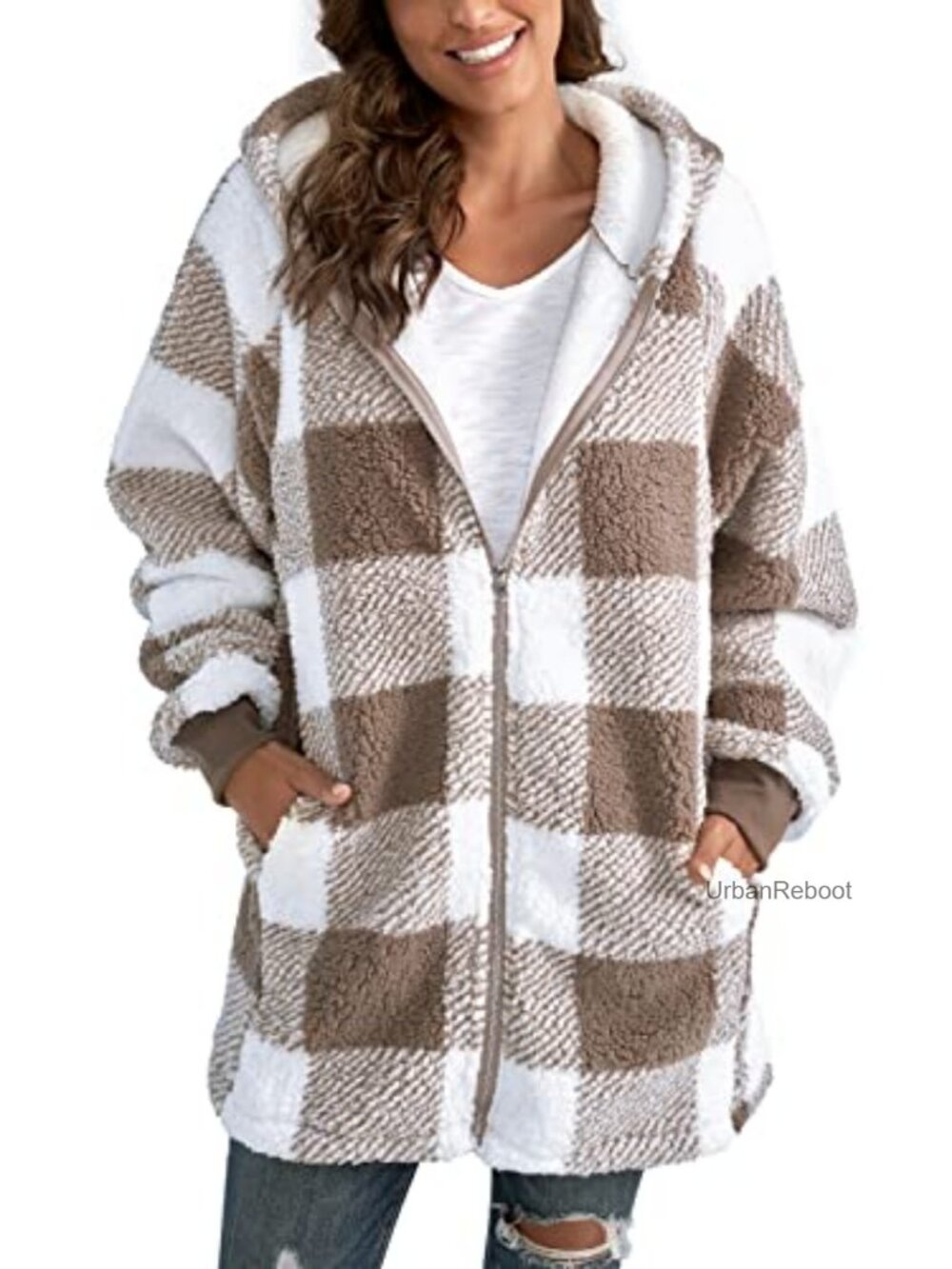 Oversized Sherpa Fleece Zip Up Jacket Fuzzy Lined Winter Coat